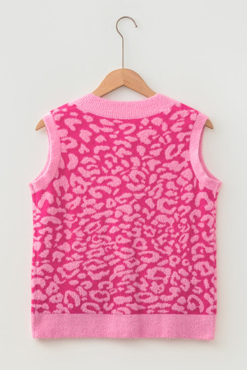 Leopard Print Knit Sleeveless Regular Sweater Vest
