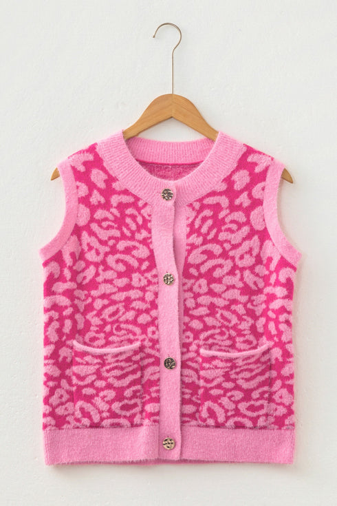 Leopard Print Knit Sleeveless Regular Sweater Vest