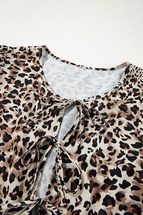 Leopard Print Lace Up Ruffled Three Quarter Sleeve Blouse