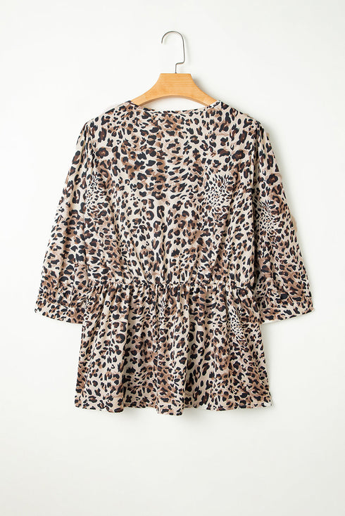 Leopard Print Lace Up Ruffled Three Quarter Sleeve Blouse