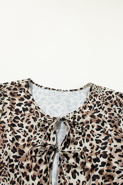 Leopard Print Lace Up Ruffled Three Quarter Sleeve Blouse