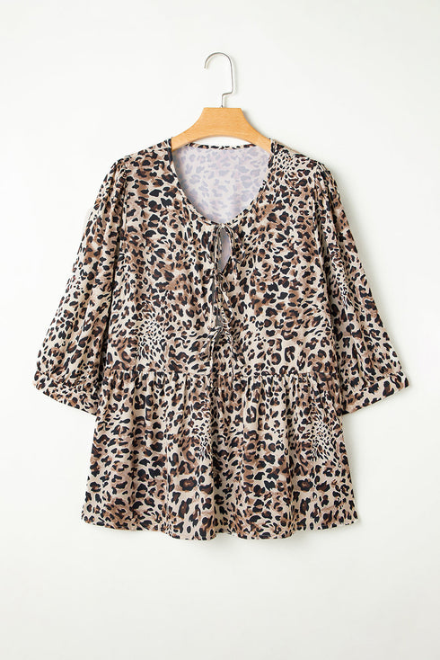 Leopard Print Lace Up Ruffled Three Quarter Sleeve Blouse