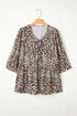 Leopard Print Lace Up Ruffled Three Quarter Sleeve Blouse