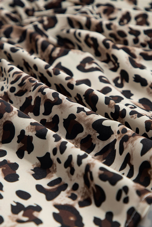 Leopard Print Lace Up Ruffled Three Quarter Sleeve Blouse
