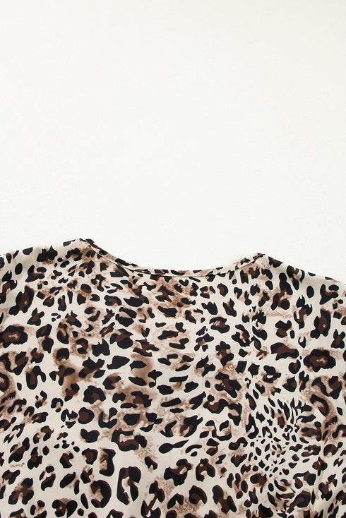 Leopard Print Lace Up Ruffled Three Quarter Sleeve Blouse