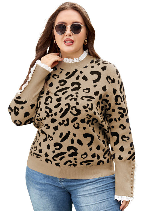 Leopard Print Lacy Trim Cuffed Patchwork Plus Size Sweater