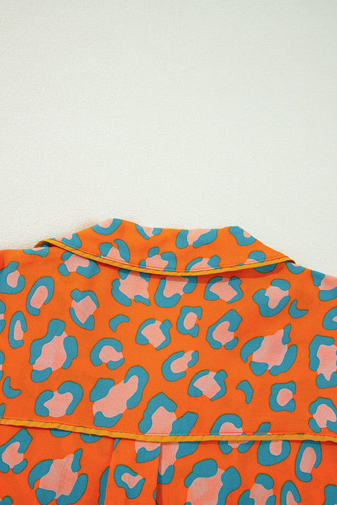 Leopard Print Long Sleeve Button Down Pajama Short Set