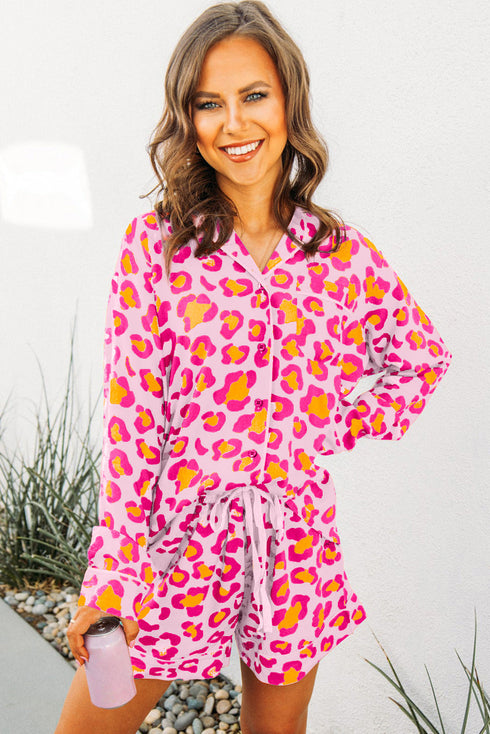 Leopard Print Long Sleeve Button Down Pajama Short Set