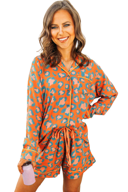 Leopard Print Long Sleeve Button Down Pajama Short Set