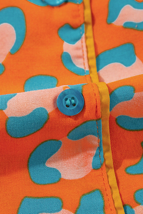 Leopard Print Long Sleeve Button Down Pajama Short Set