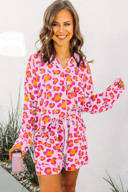 Leopard Print Long Sleeve Button Down Pajama Short Set