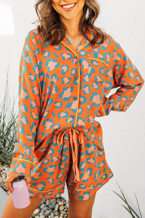 Leopard Print Long Sleeve Button Down Pajama Short Set