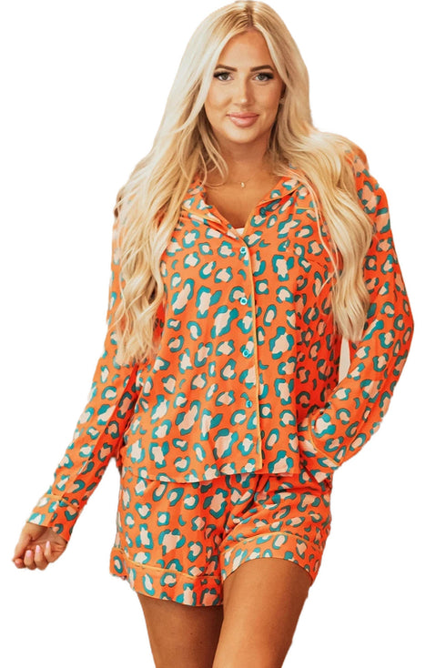 Leopard Print Long Sleeve Button Down Pajama Short Set