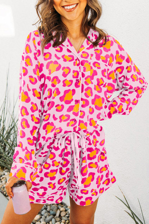 Leopard Print Long Sleeve Button Down Pajama Short Set