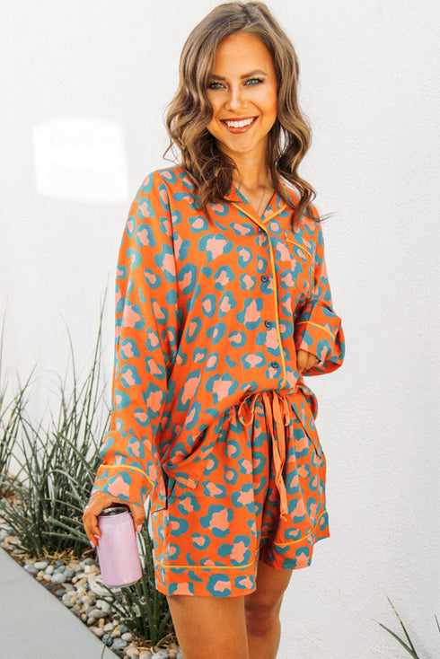 Leopard Print Long Sleeve Button Down Pajama Short Set