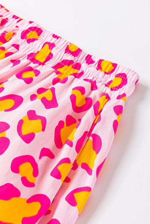 Leopard Print Long Sleeve Button Down Pajama Short Set