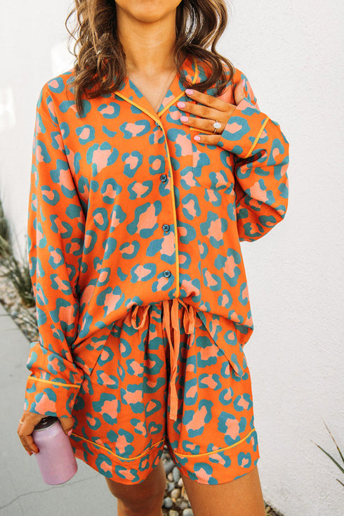 Leopard Print Long Sleeve Button Down Pajama Short Set