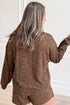 Leopard Print Long Sleeve Henley Top Elastic Waist Shorts Two Piece Outfit Short Set