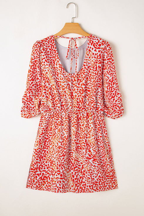 Leopard Print Long Sleeve Hollowed Back Split Mini Dress