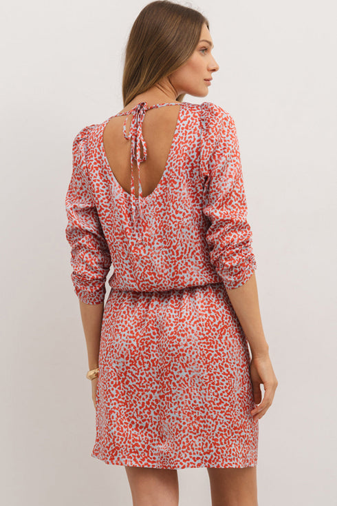 Leopard Print Long Sleeve Hollowed Back Split Mini Dress