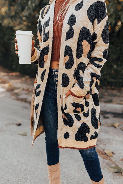 Leopard Print Long Sleeve Open Front Pocket Cardigan