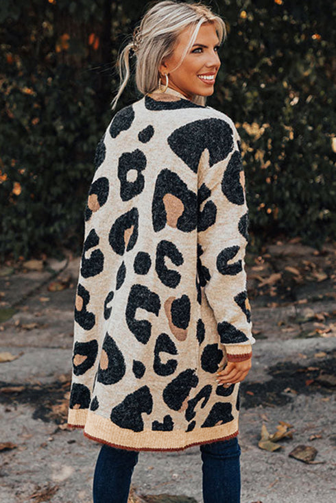 Leopard Print Long Sleeve Open Front Pocket Cardigan