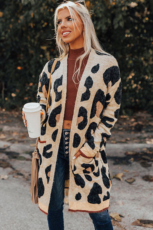 Leopard Print Long Sleeve Open Front Pocket Cardigan