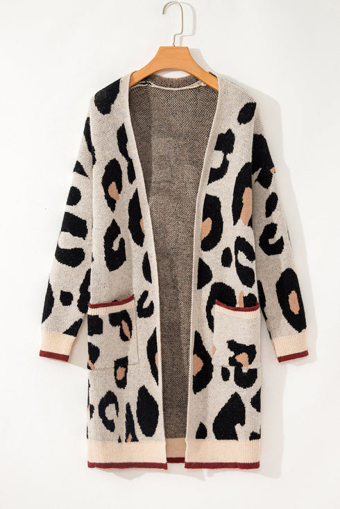 Leopard Print Long Sleeve Open Front Pocket Cardigan