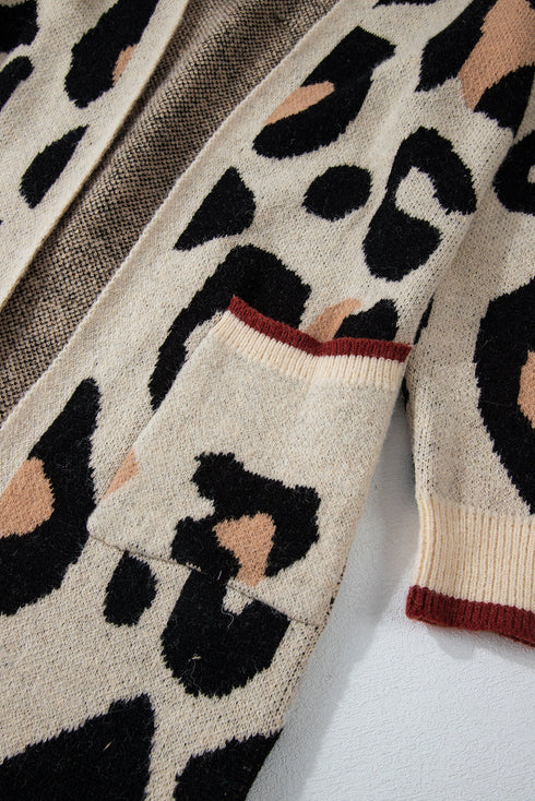 Leopard Print Long Sleeve Open Front Pocket Cardigan