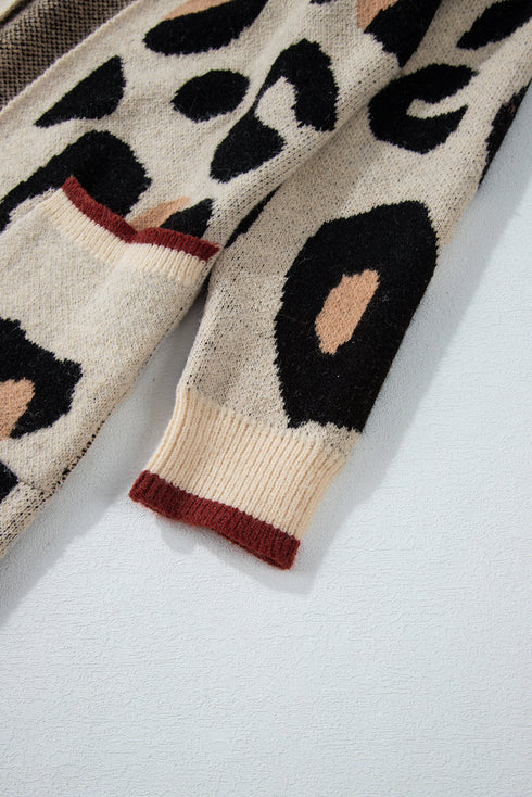 Leopard Print Long Sleeve Open Front Pocket Cardigan