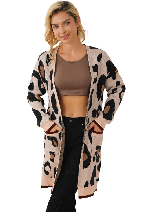 Leopard Print Long Sleeve Open Front Pocket Cardigan