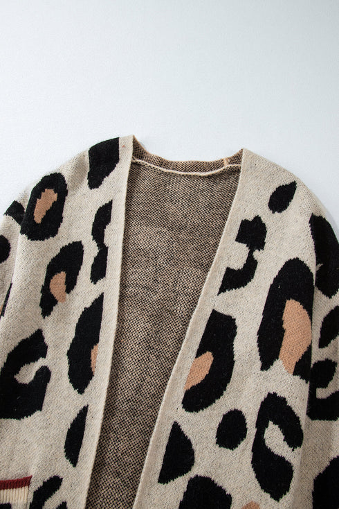 Leopard Print Long Sleeve Open Front Pocket Cardigan