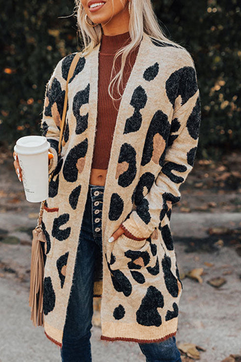 Leopard Print Long Sleeve Open Front Pocket Cardigan