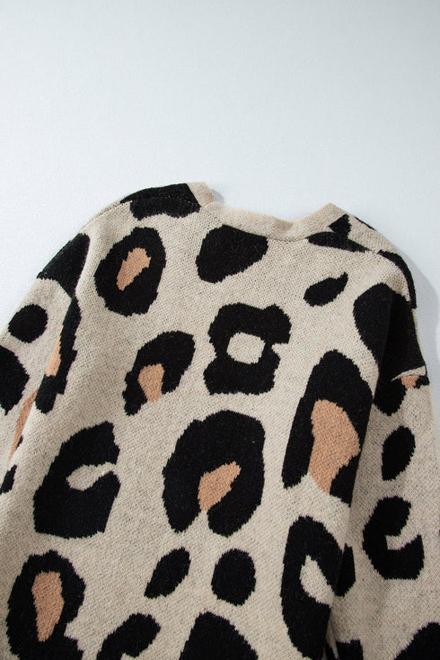 Leopard Print Long Sleeve Open Front Pocket Cardigan