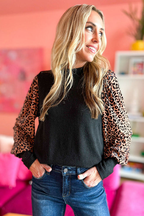 Leopard Print Long Sleeve Ribbed Knit Blouse