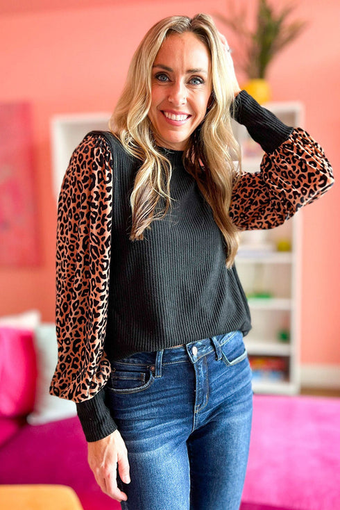 Leopard Print Long Sleeve Ribbed Knit Blouse