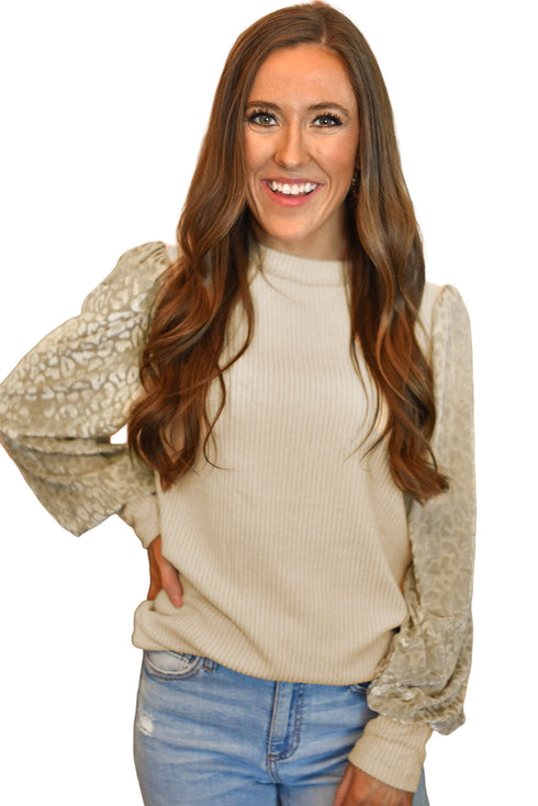 Leopard Print Long Sleeve Ribbed Knit Blouse