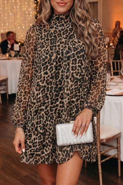 Leopard Print Long Sleeve Shift Mini Dress