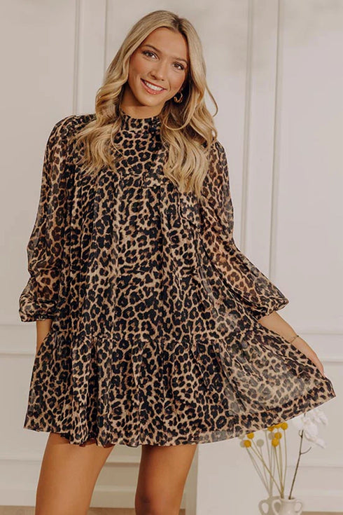 Leopard Print Long Sleeve Shift Mini Dress
