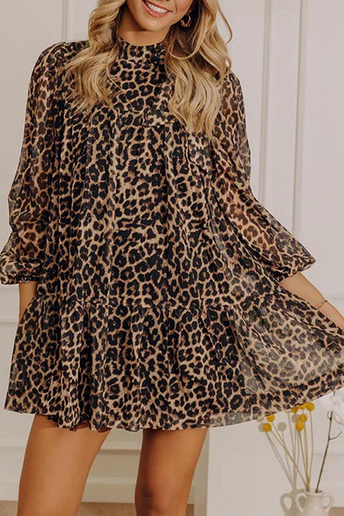 Leopard Print Long Sleeve Shift Mini Dress