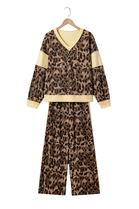 Leopard Print Long Sleeve V Neck Wide Leg Pant Set