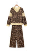 Leopard Print Long Sleeve V Neck Wide Leg Pant Set