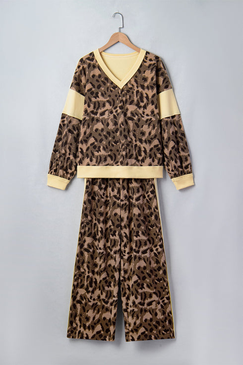 Leopard Print Long Sleeve V Neck Wide Leg Pant Set
