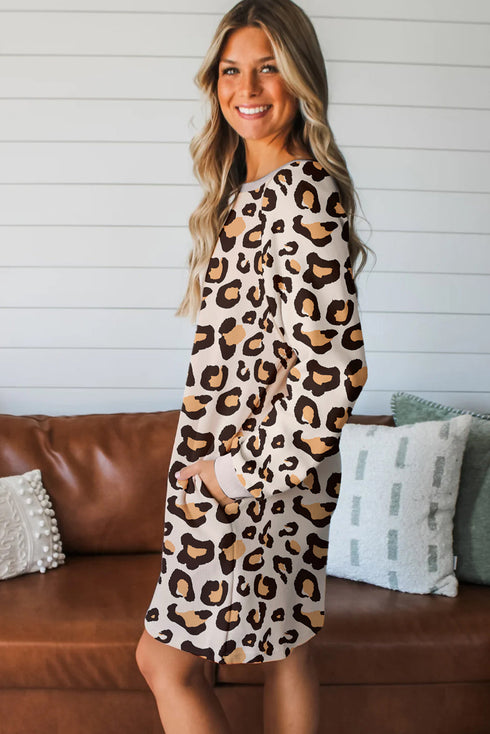 Leopard Print Long Sleeve Western Shift T Shirt Dress