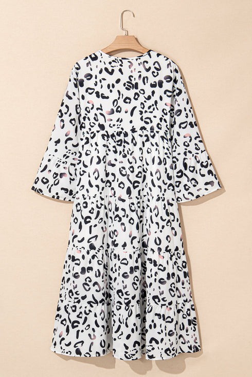 Leopard Print Notch V Neck Loose Fit Maxi Dress
