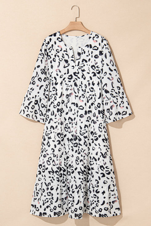 Leopard Print Notch V Neck Loose Fit Maxi Dress