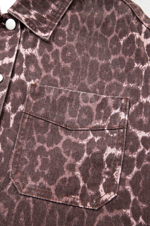 Leopard Print Oversized Patch Pocket Long Sleeve Denim Jacket