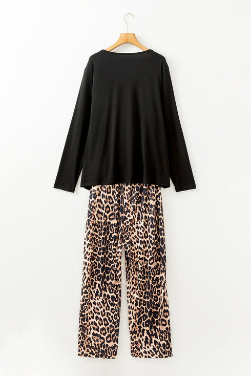Leopard Print Patched Pocket Wide Leg Plus Size Loungewear