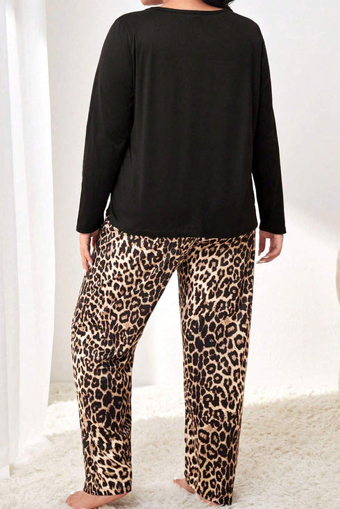 Leopard Print Patched Pocket Wide Leg Plus Size Loungewear