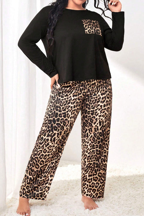 Leopard Print Patched Pocket Wide Leg Plus Size Loungewear
